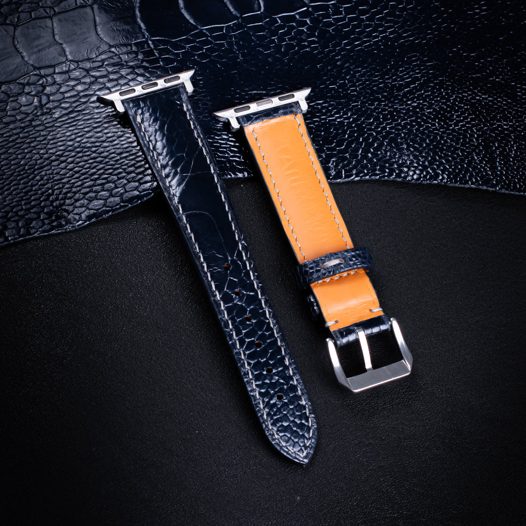 Midnight Blue Glossy Ostrich Leg Leather Apple Watch Band (Scaled)