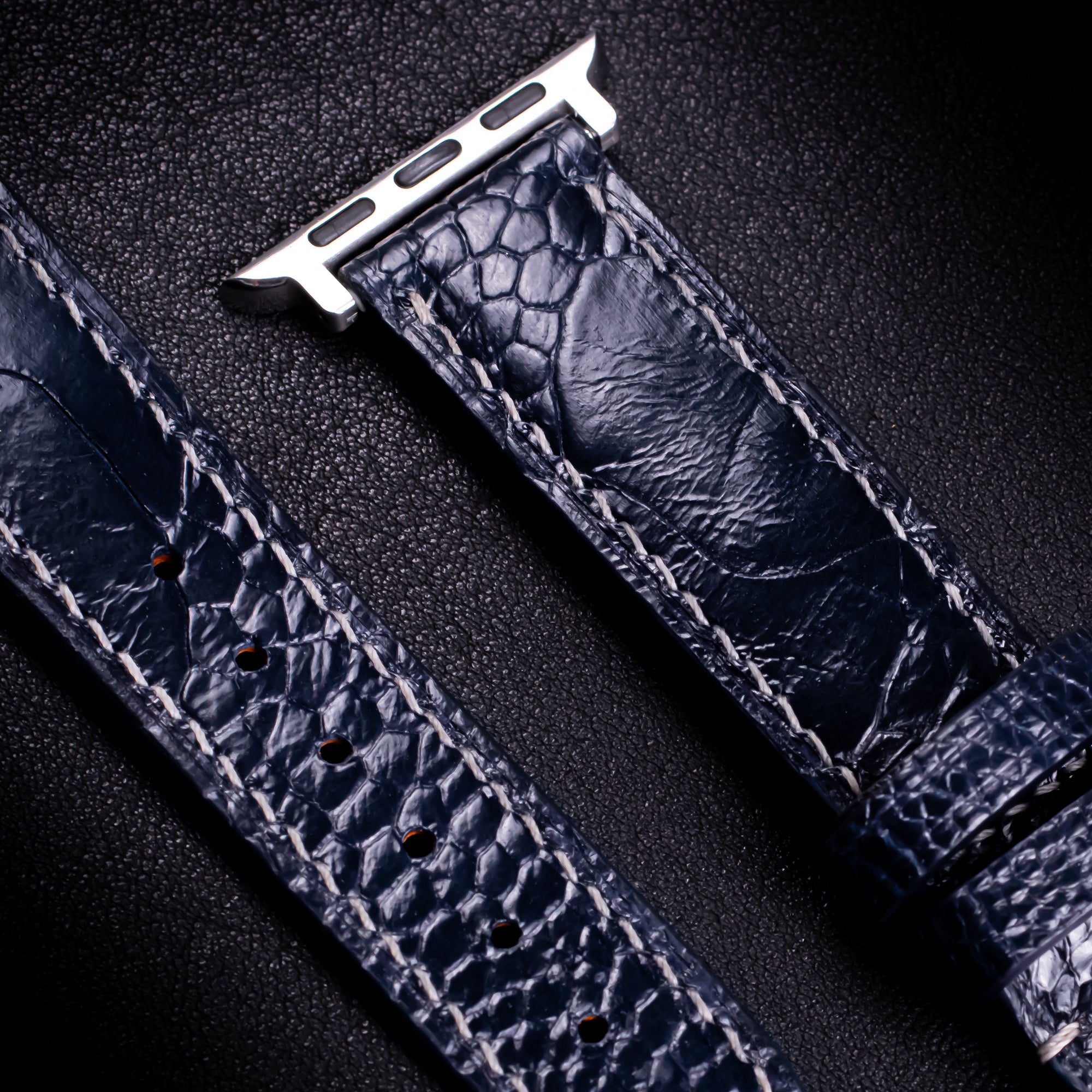 Midnight Blue Glossy Ostrich Leg Leather Apple Watch Band (Scaled)