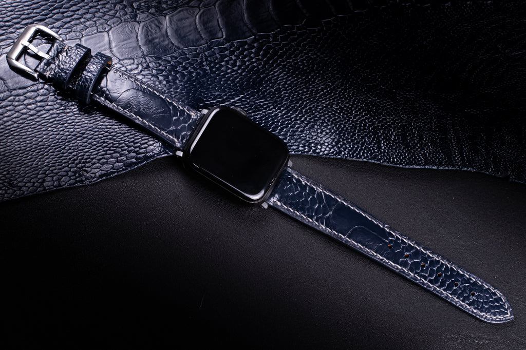 Midnight Blue Glossy Ostrich Leg Leather Apple Watch Band (Scaled)