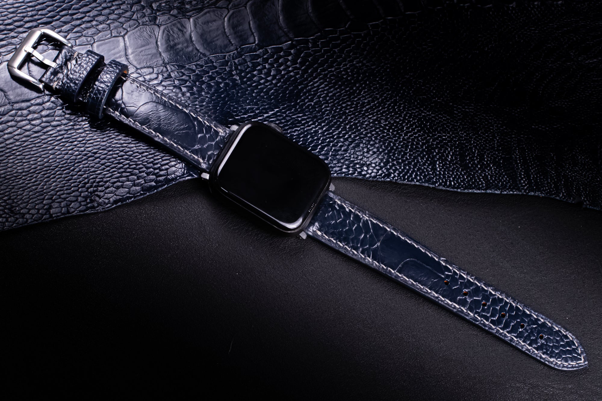 Midnight Blue Glossy Ostrich Leg Leather Apple Watch Band (Scaled)