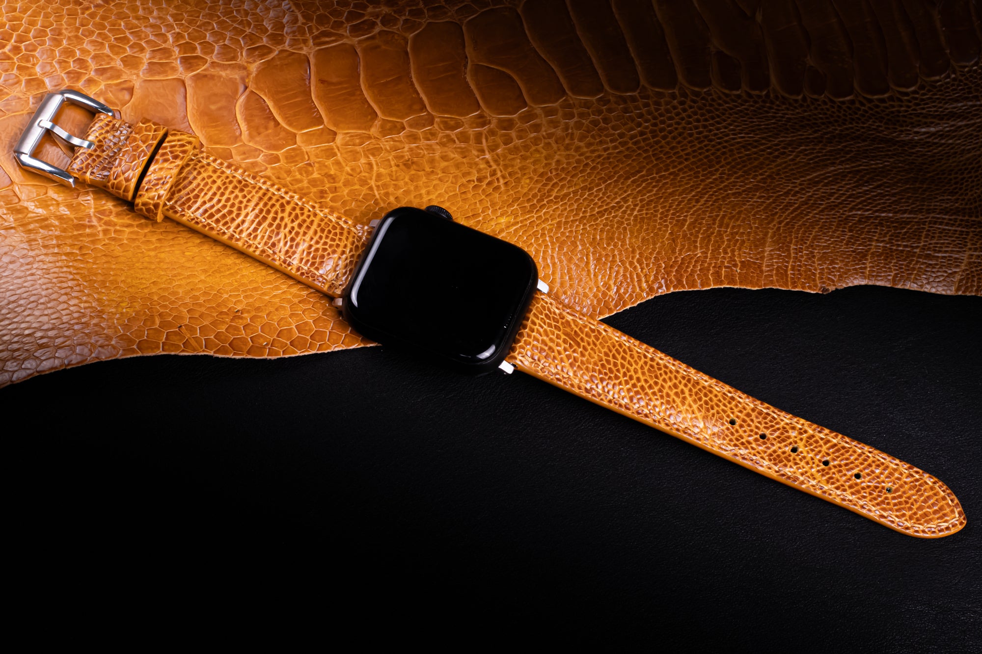 Amber Glossy Ostrich Leg Leather Apple Watch Band