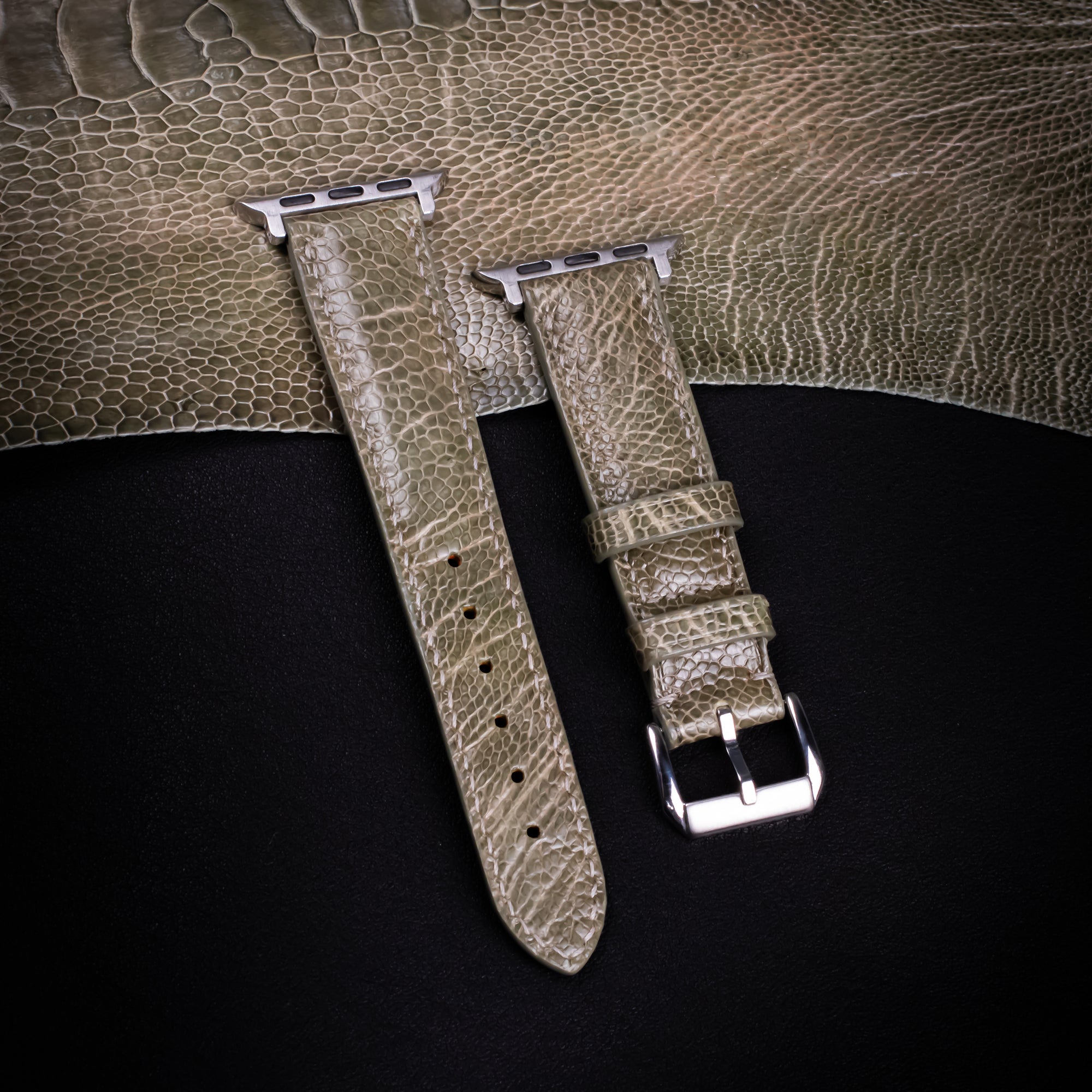 Olive Glossy Ostrich Leg Leather Apple Watch Band