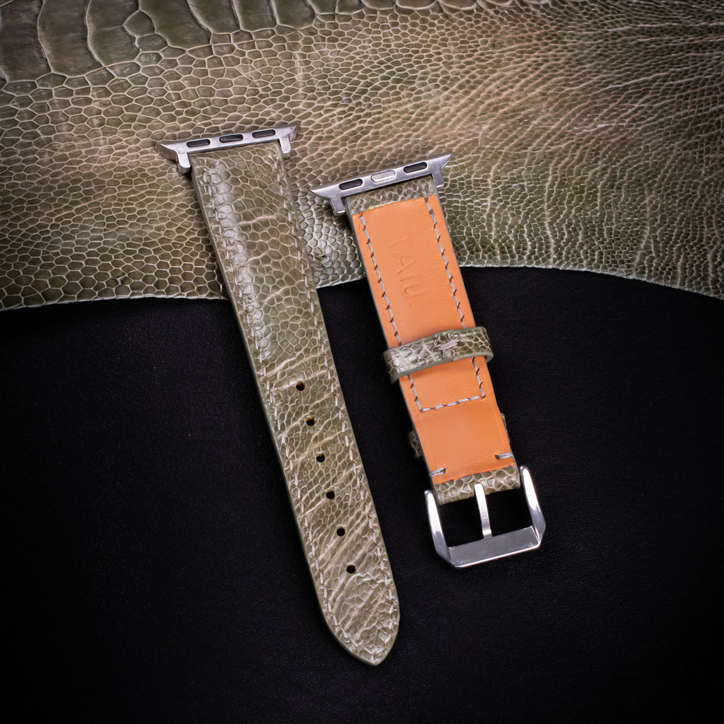Olive Glossy Ostrich Leg Leather Apple Watch Band