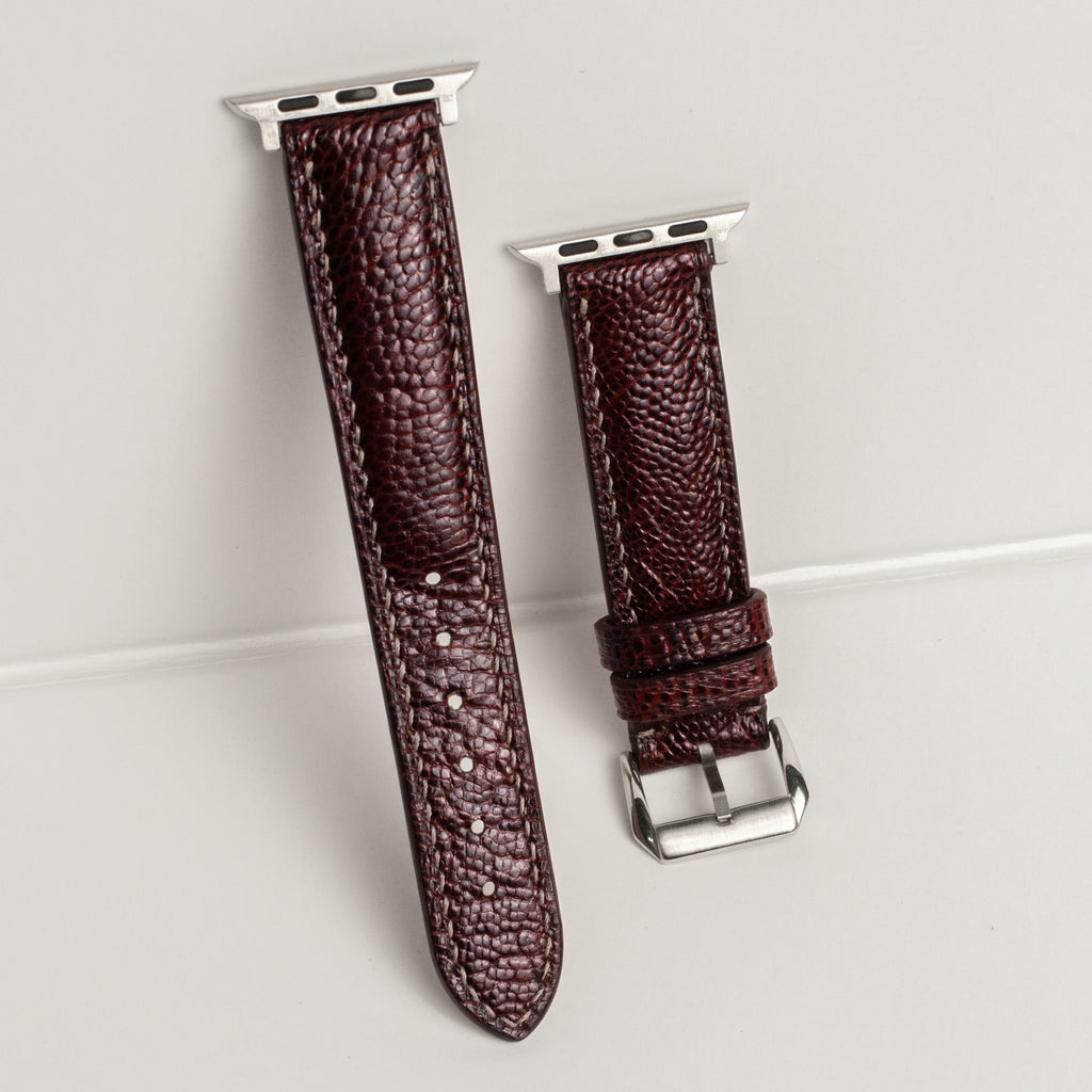 Burgundy Brown Glossy Ostrich Leg Leather Apple Watch Band