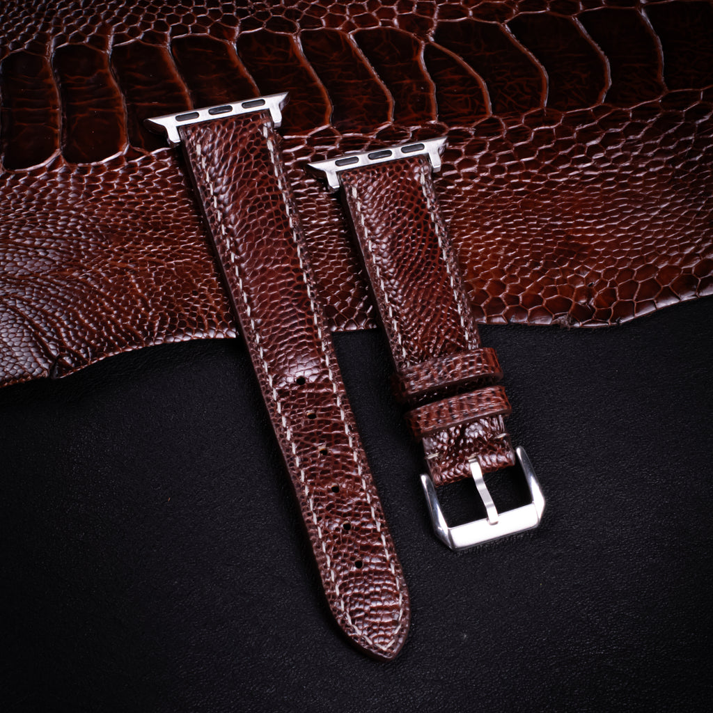 Burgundy Brown Glossy Ostrich Leg Leather Apple Watch Band