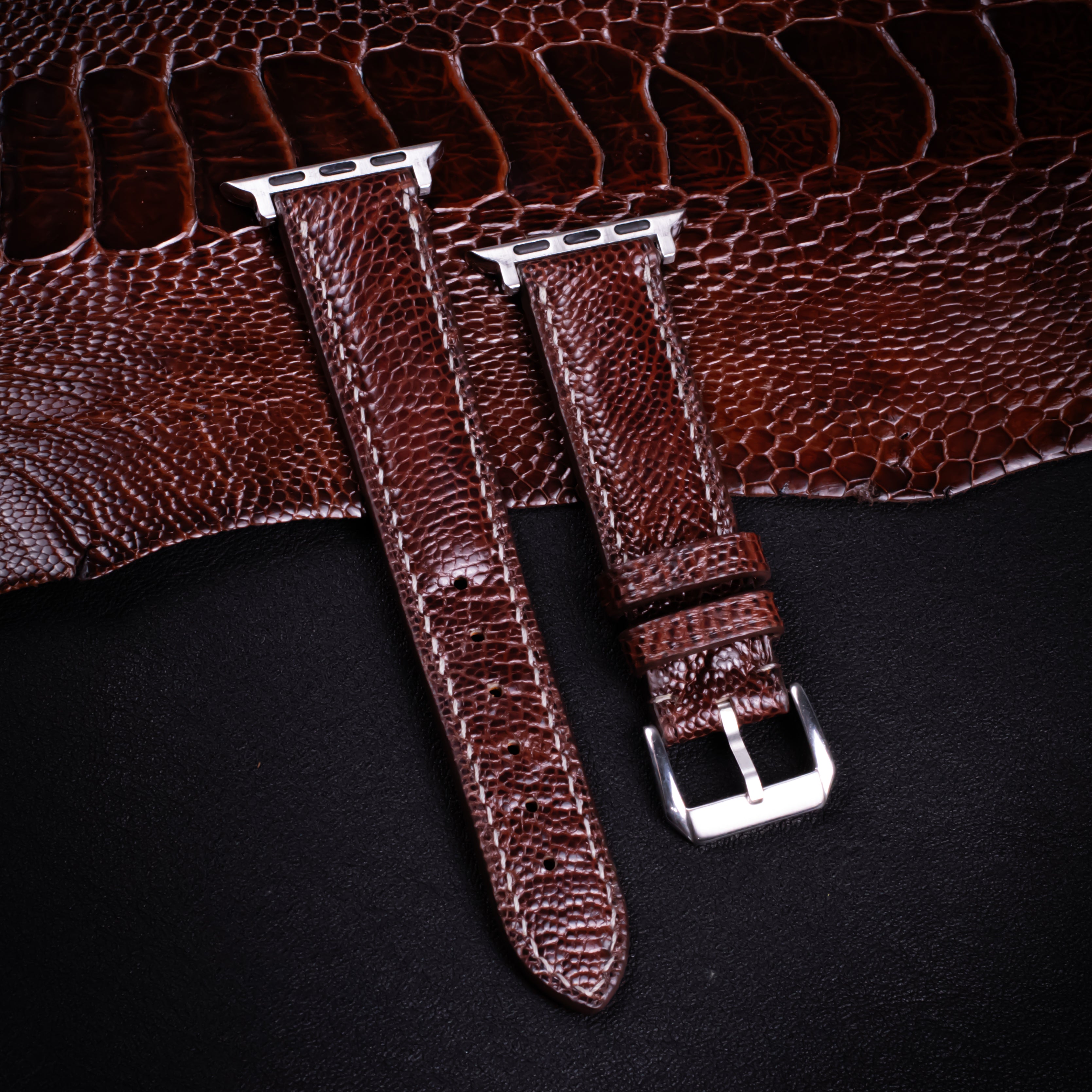 Burgundy Brown Glossy Ostrich Leg Leather Apple Watch Band
