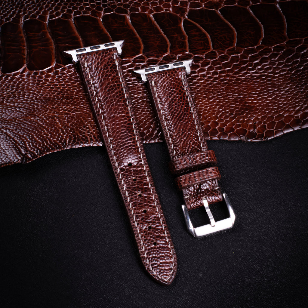 Burgundy Brown Glossy Ostrich Leg Leather Apple Watch Band