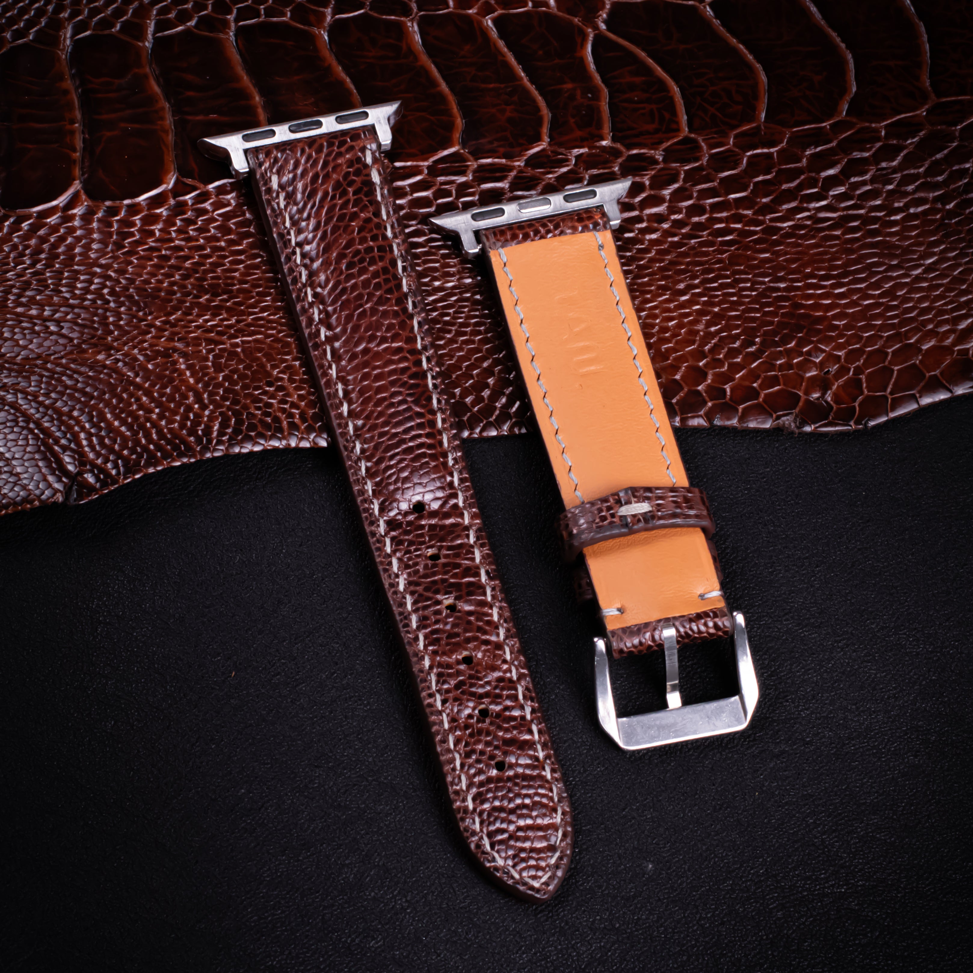Burgundy Brown Glossy Ostrich Leg Leather Apple Watch Band
