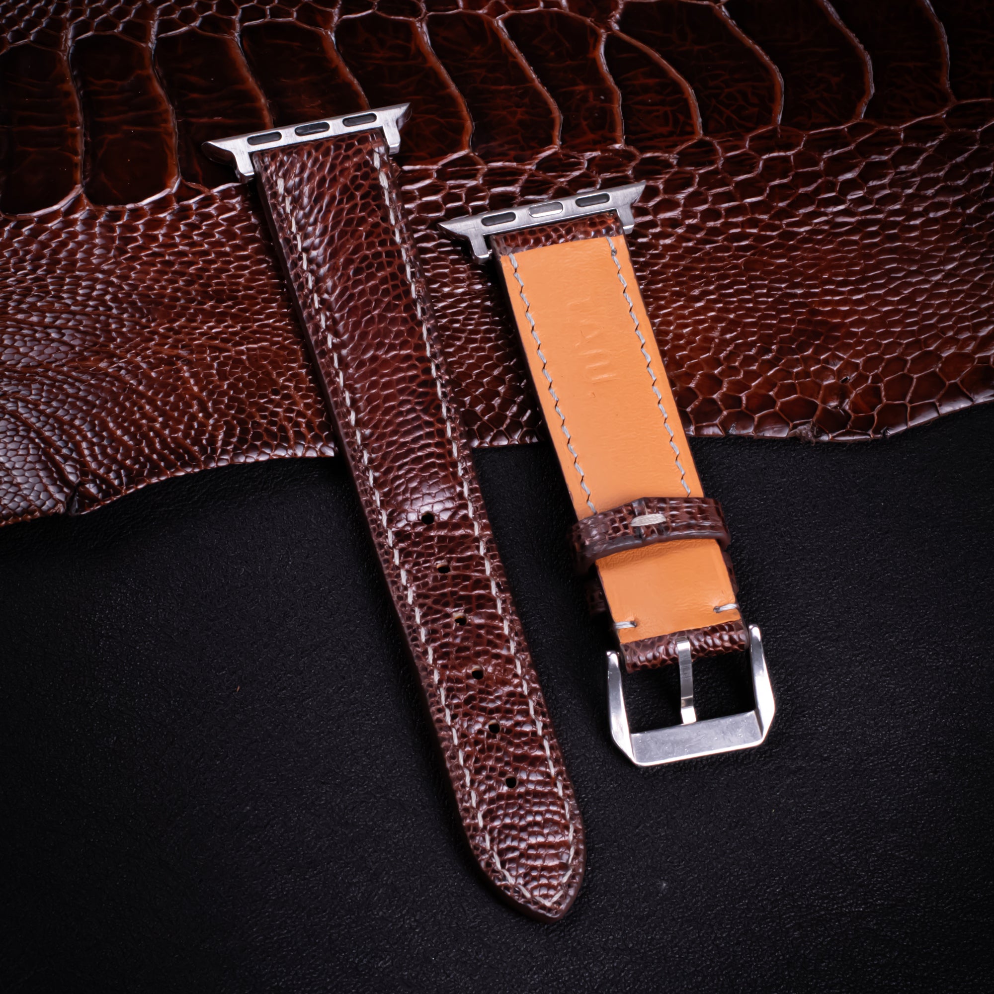 Burgundy Brown Glossy Ostrich Leg Leather Apple Watch Band