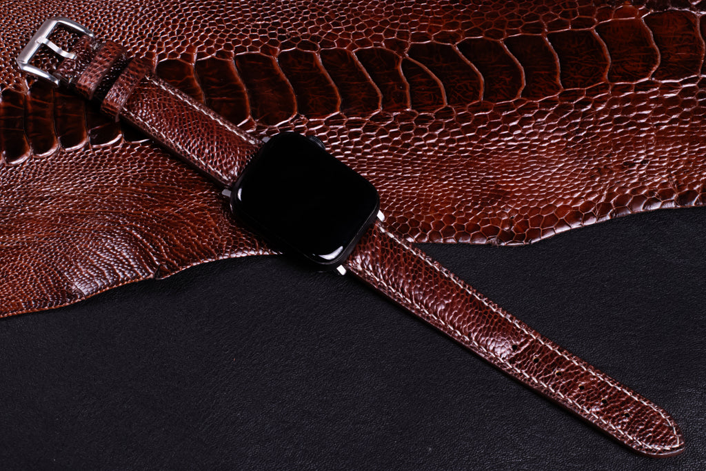 Burgundy Brown Glossy Ostrich Leg Leather Apple Watch Band