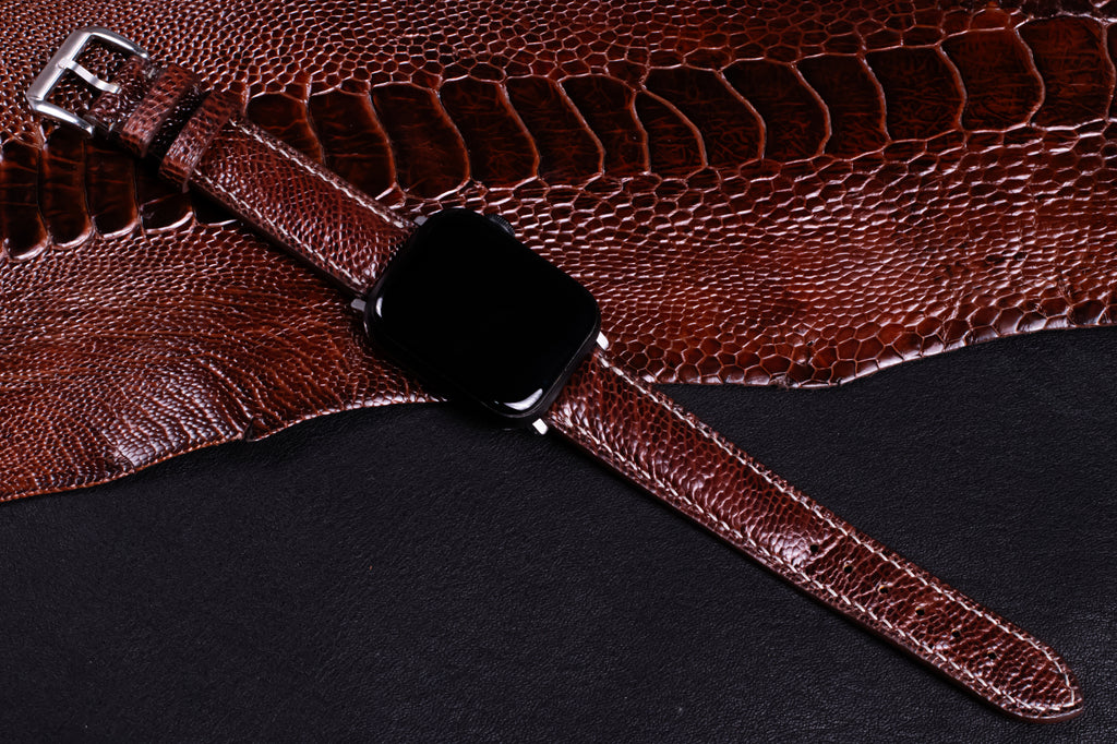 Burgundy Brown Glossy Ostrich Leg Leather Apple Watch Band