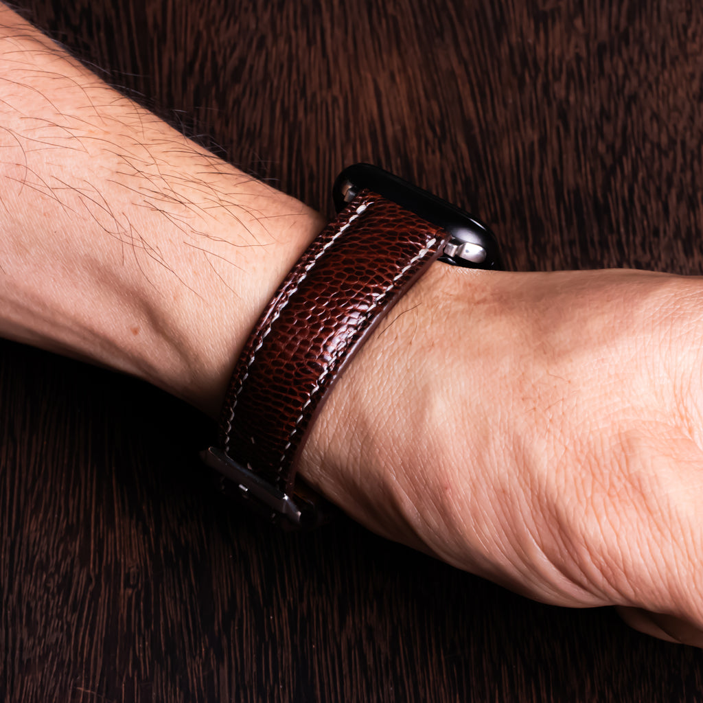 Burgundy Brown Glossy Ostrich Leg Leather Apple Watch Band