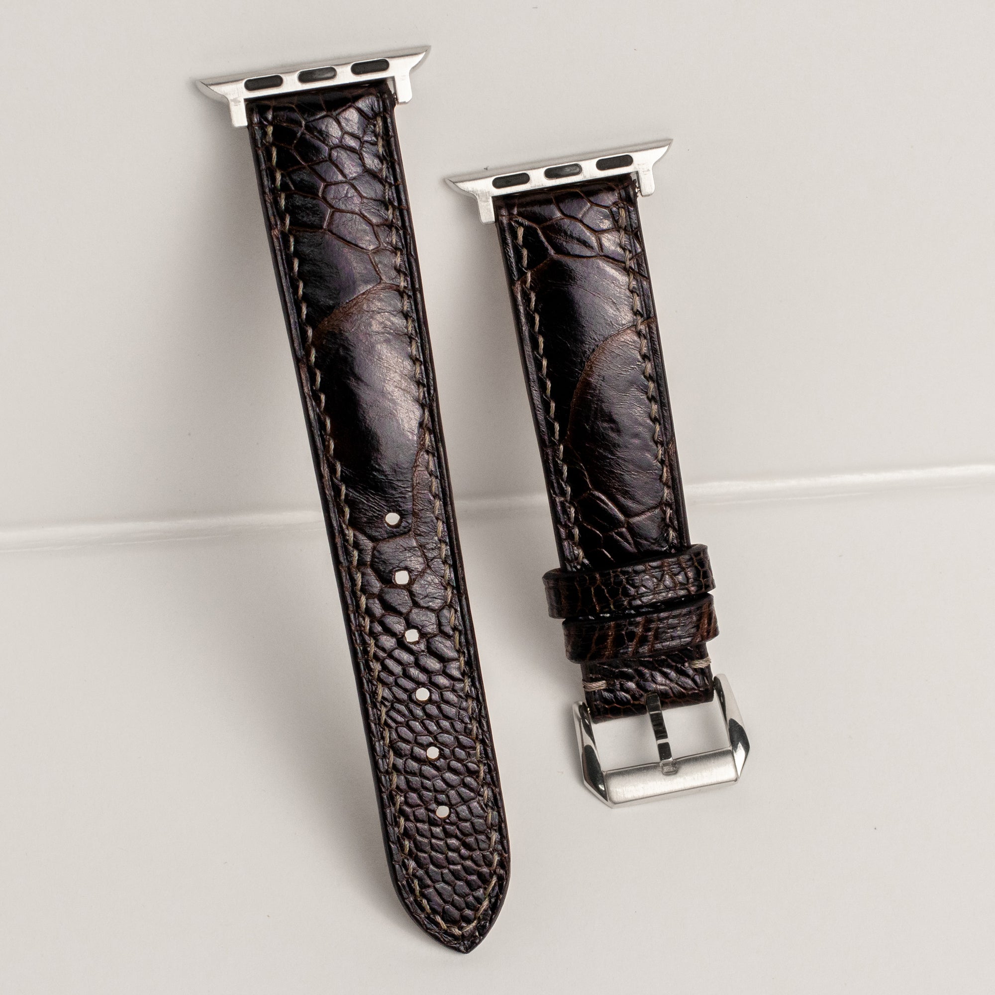 Dark Brown Glossy Ostrich Leg Leather Apple Watch Band (Scaled)