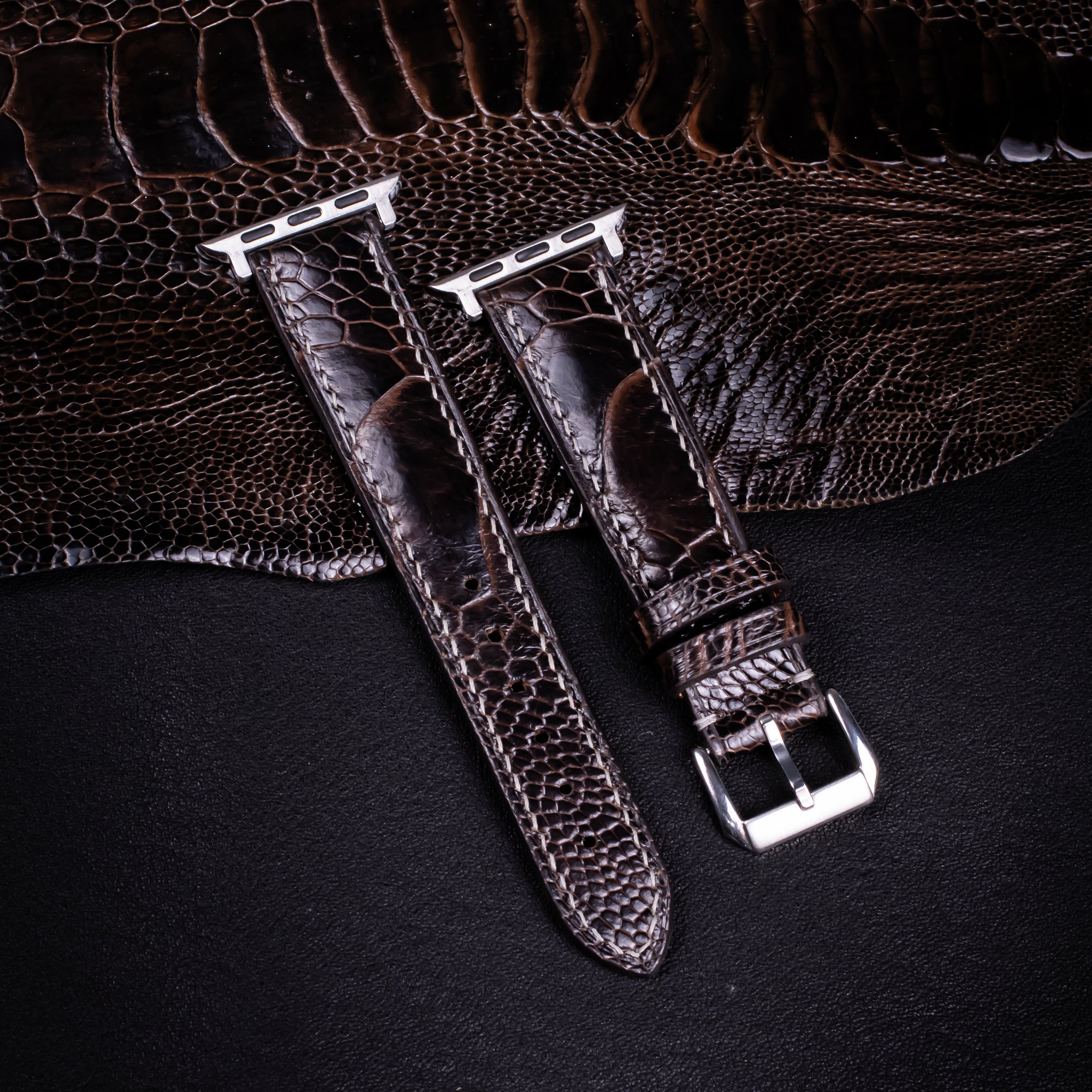 Dark Brown Glossy Ostrich Leg Leather Apple Watch Band (Scaled)