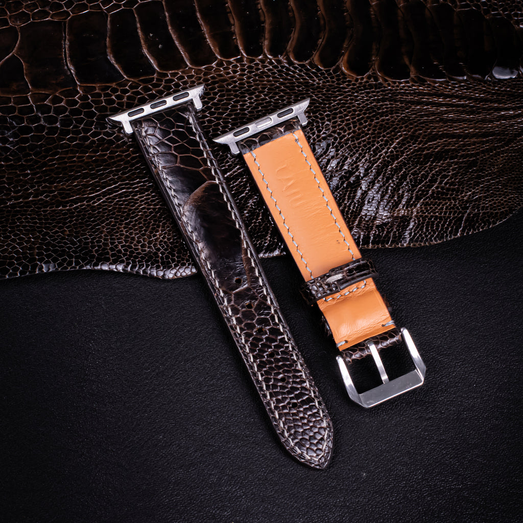 Dark Brown Glossy Ostrich Leg Leather Apple Watch Band (Scaled)