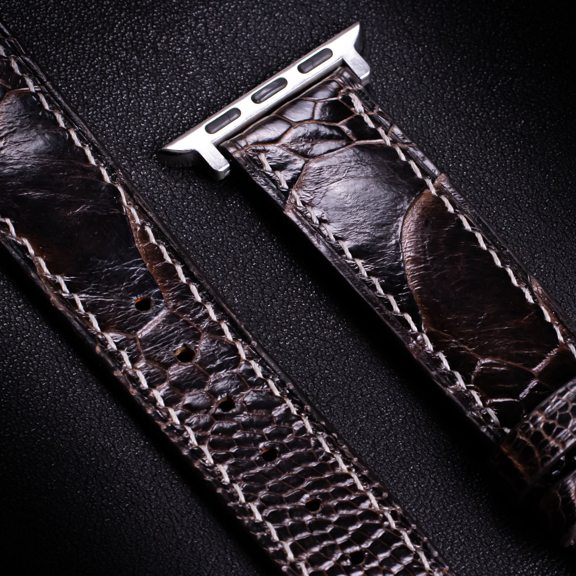 Dark Brown Glossy Ostrich Leg Leather Apple Watch Band (Scaled)