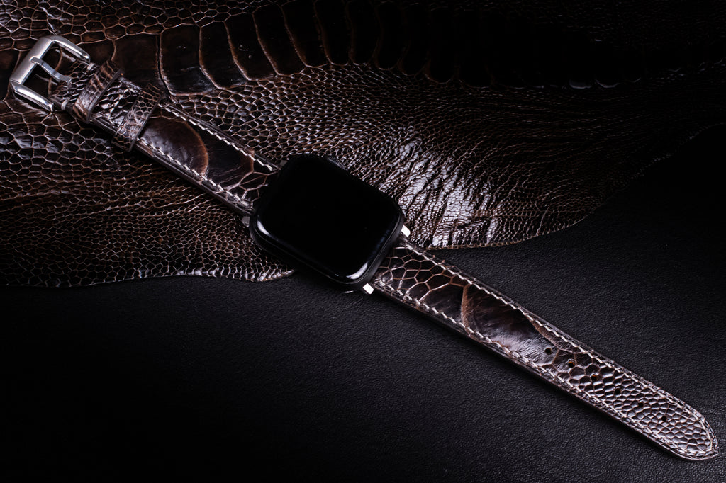 Dark Brown Glossy Ostrich Leg Leather Apple Watch Band (Scaled)