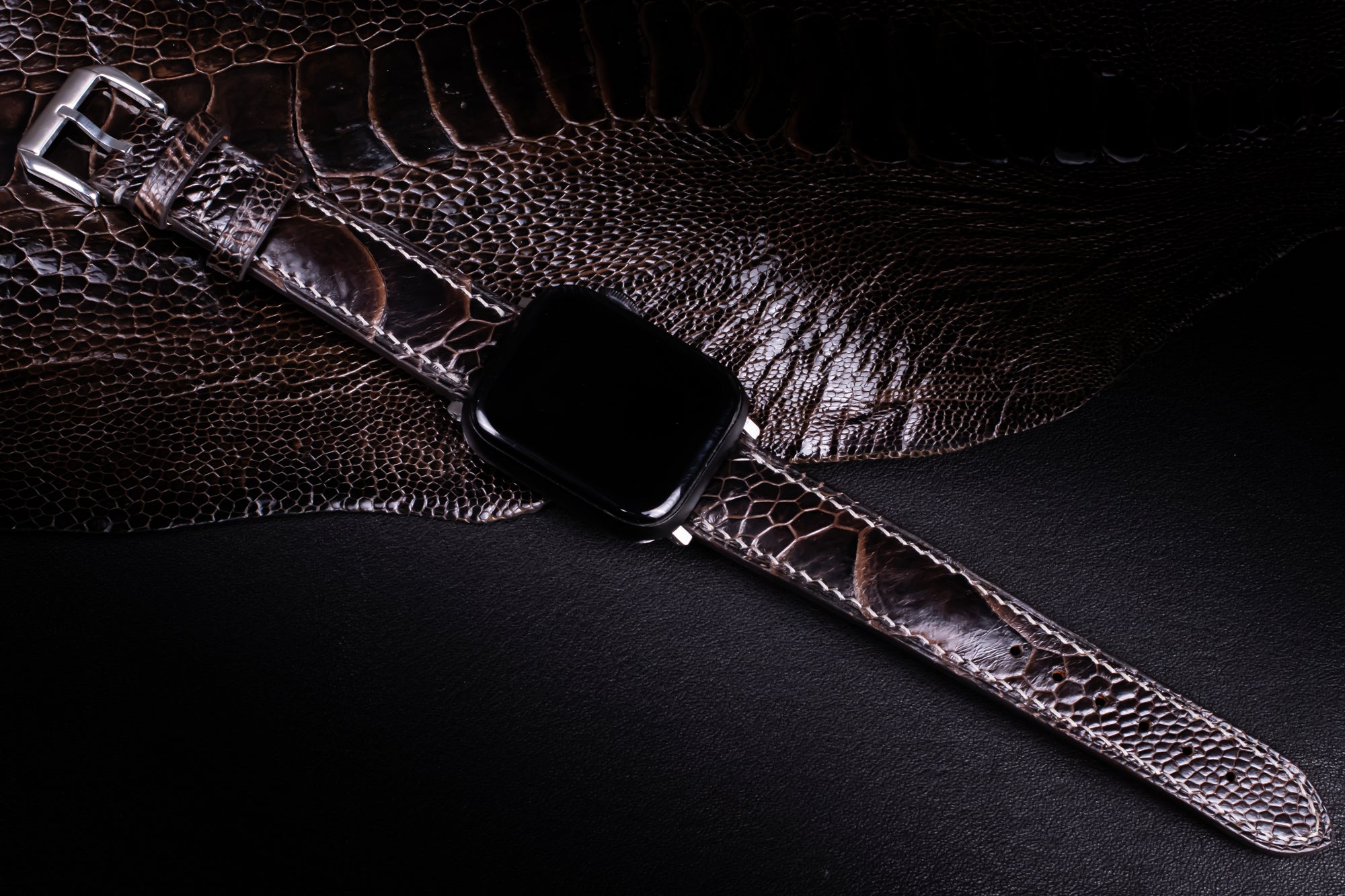 Dark Brown Glossy Ostrich Leg Leather Apple Watch Band (Scaled)