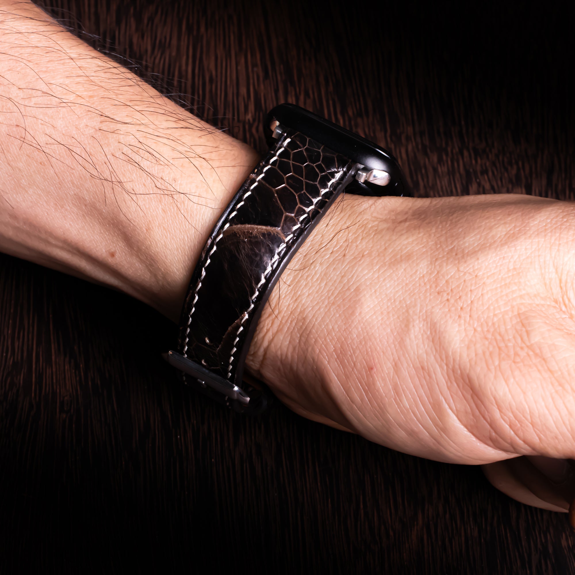 Dark Brown Glossy Ostrich Leg Leather Apple Watch Band (Scaled)