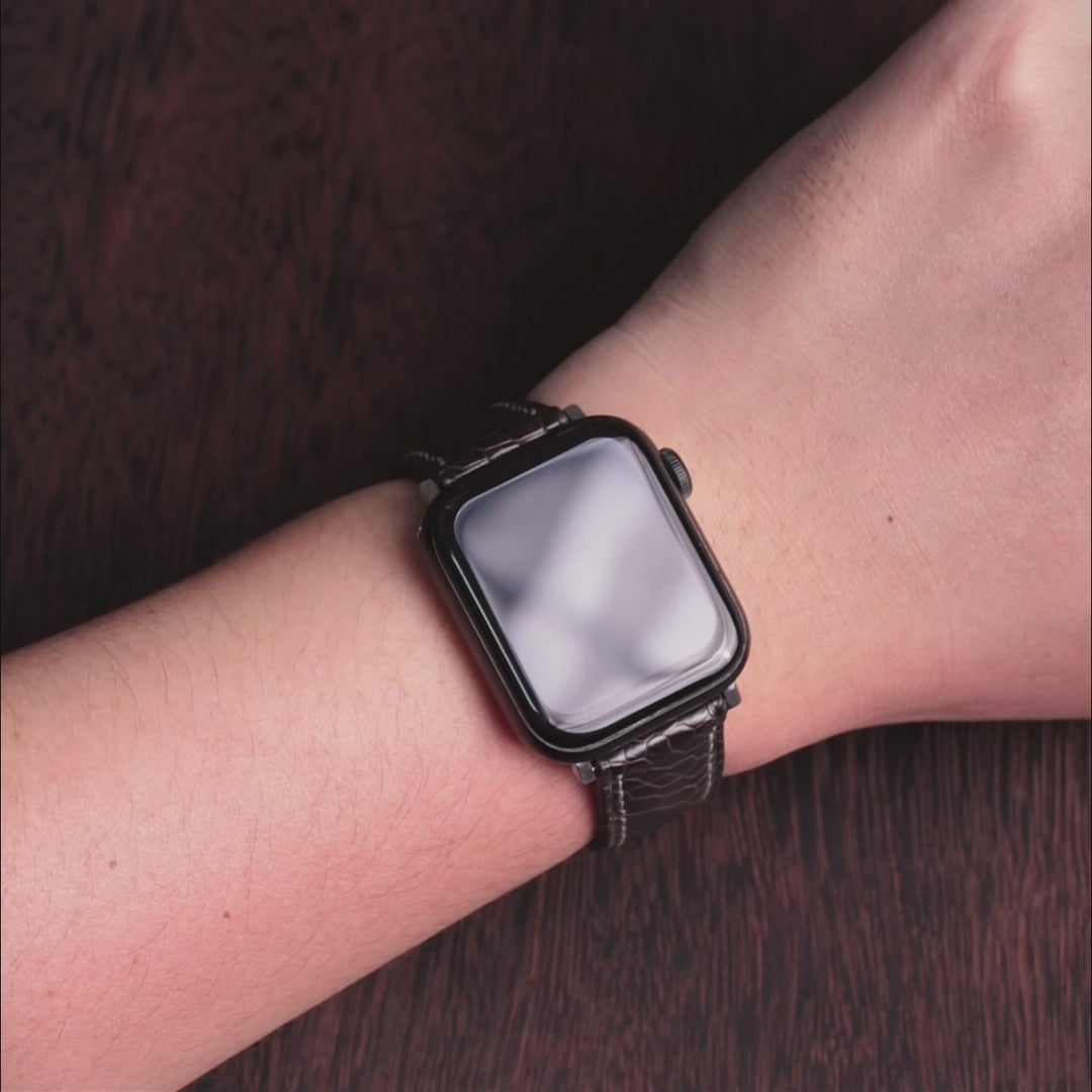 Dark Brown Glossy Ostrich Leg Leather Apple Watch Band (Scaled)