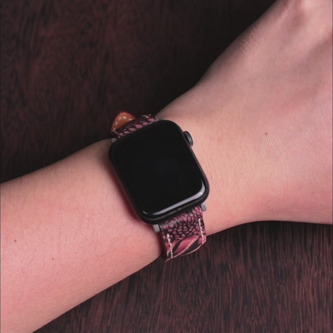 Crimson Eclipse Matte Ostrich Leg Leather Apple Watch Band (Scaled)