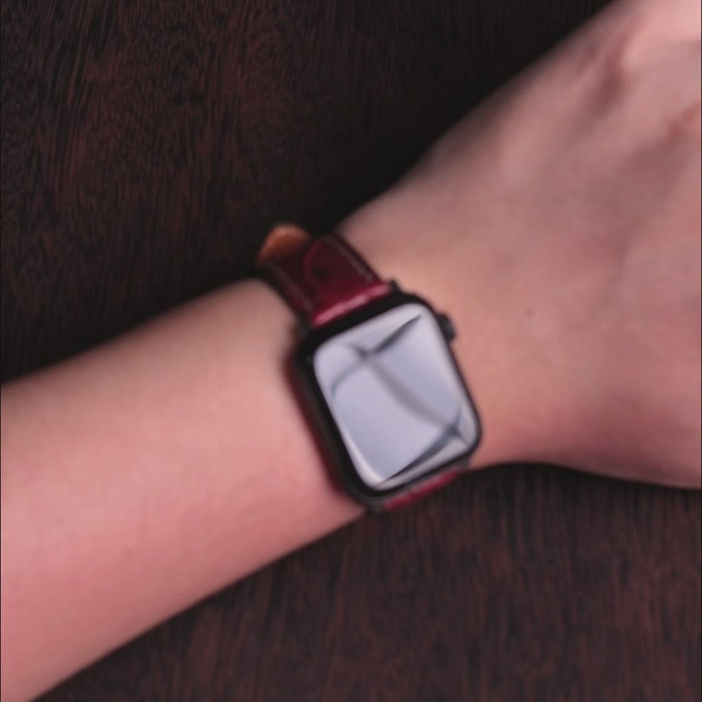 Bordeaux Glossy Ostrich Leg Leather Apple Watch Band (Scaled)